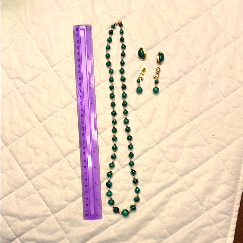 Malachite green stone necklace and two clip earrings set